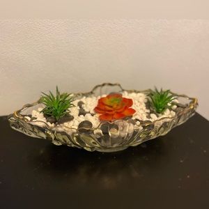 Vintage antique artistic glass crystal centerpiece gold trim oblong beautiful